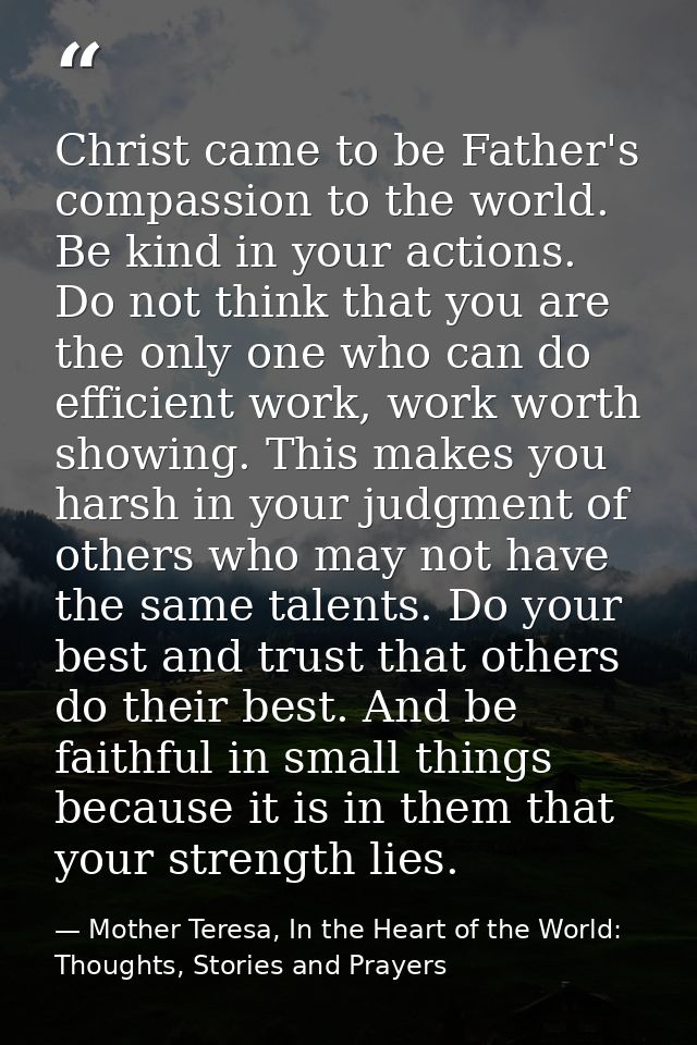Christ came to be Father's compassion to the world. Be kind in your actions. Do not think that you are the only one who  — Mother Teresa, In the Heart of the World: Thoughts, Stories and Prayers