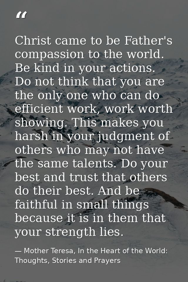 Christ came to be Father's compassion to the world. Be kind in your actions. Do not think that you are the only one who  — Mother Teresa, In the Heart of the World: Thoughts, Stories and Prayers