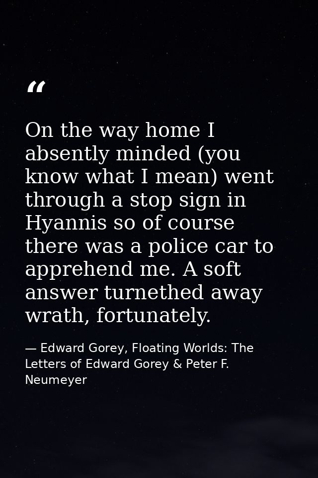 On the way home I absently minded (you know what I mean) went through a stop sign in Hyannis so of course there was a po — Edward Gorey, Floating Worlds: The Letters of Edward Gorey & Peter F. Neumeyer