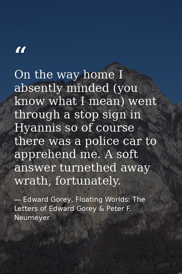 On the way home I absently minded (you know what I mean) went through a stop sign in Hyannis so of course there was a po — Edward Gorey, Floating Worlds: The Letters of Edward Gorey & Peter F. Neumeyer