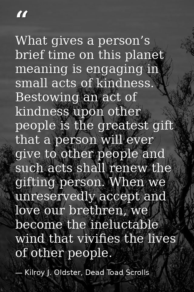 What gives a person’s brief time on this planet meaning is engaging in small acts of kindness. Bestowing an act of kindn — Kilroy J. Oldster, Dead Toad Scrolls