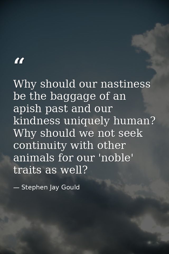 Why should our nastiness be the baggage of an apish past and our kindness uniquely human? Why should we not seek continu — Stephen Jay Gould