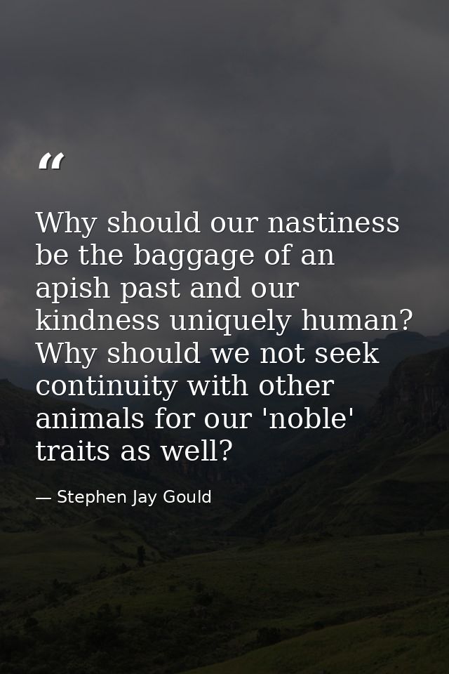 Why should our nastiness be the baggage of an apish past and our kindness uniquely human? Why should we not seek continu — Stephen Jay Gould