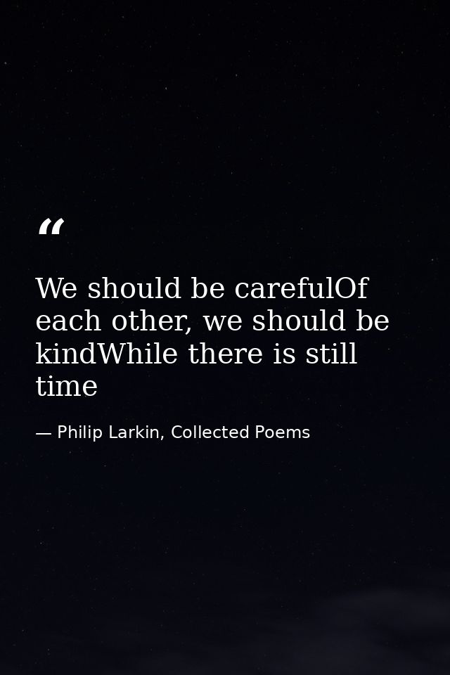 We should be carefulOf each other, we should be kindWhile there is still time — Philip Larkin, Collected Poems