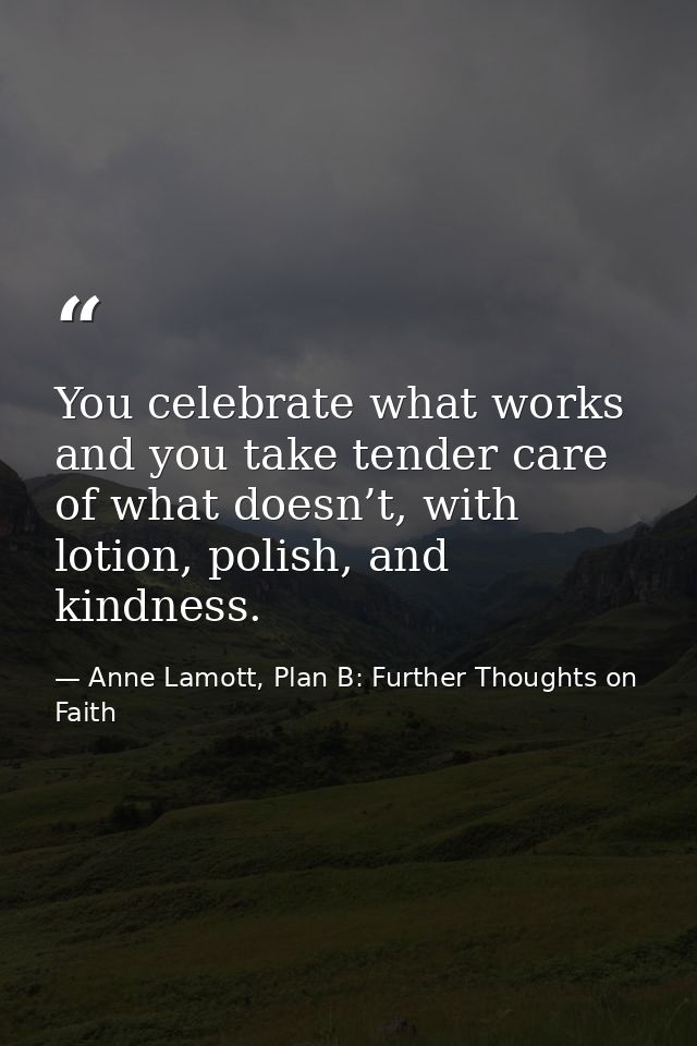 You celebrate what works and you take tender care of what doesn’t, with lotion, polish, and kindness. — Anne Lamott, Plan B: Further Thoughts on Faith