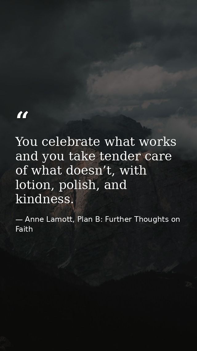 You celebrate what works and you take tender care of what doesn’t, with lotion, polish, and kindness. — Anne Lamott, Plan B: Further Thoughts on Faith