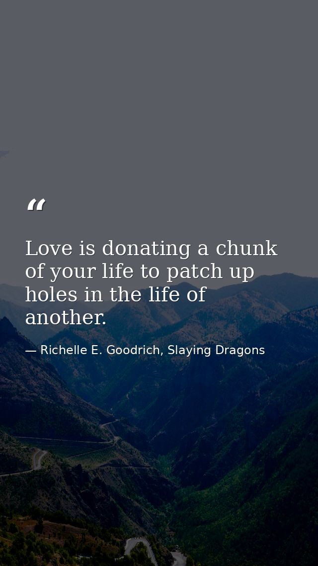 Love is donating a chunk of your life to patch up holes in the life of another. — Richelle E. Goodrich, Slaying Dragons