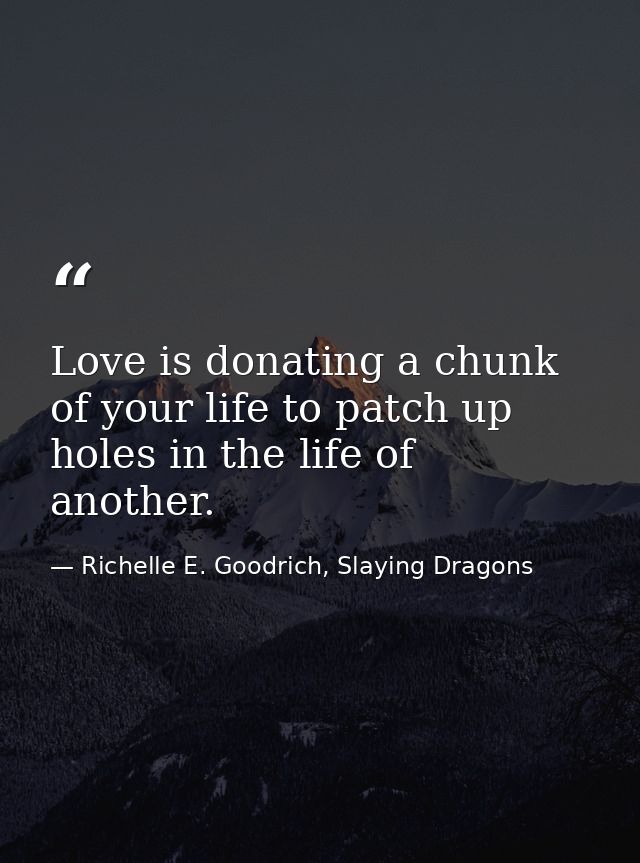 Love is donating a chunk of your life to patch up holes in the life of another. — Richelle E. Goodrich, Slaying Dragons