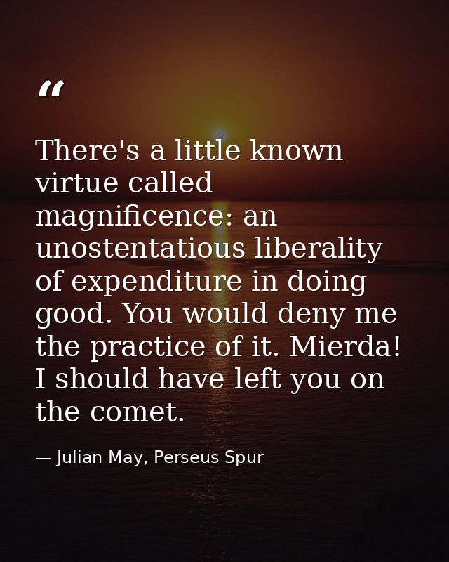 There's a little known virtue called magnificence: an unostentatious liberality of expenditure in doing good. You would  — Julian May, Perseus Spur