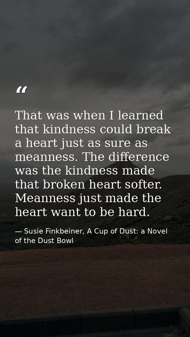 That was when I learned that kindness could break a heart just as sure as meanness. The difference was the kindness made — Susie Finkbeiner, A Cup of Dust: a Novel of the Dust Bowl