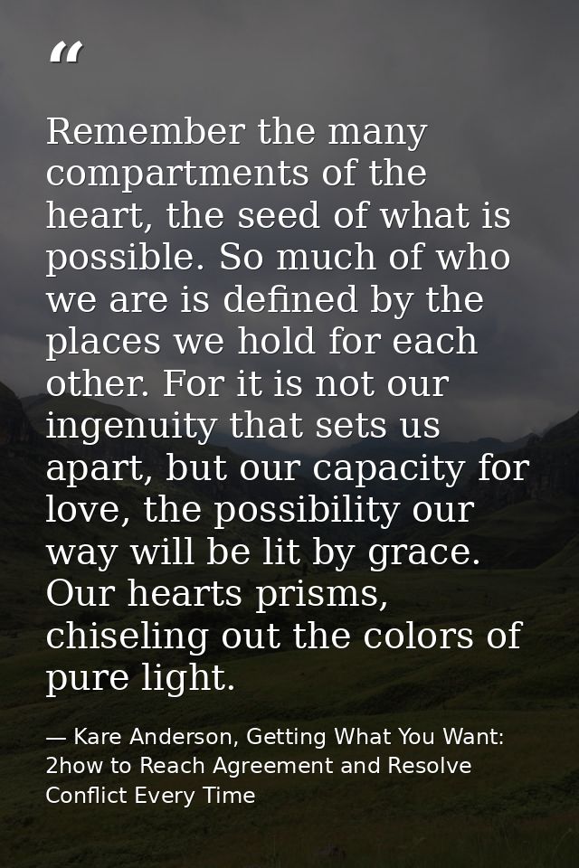 Remember the many compartments of the heart, the seed of what is possible. So much of who we are is defined by the place — Kare Anderson, Getting What You Want: 2how to Reach Agreement and Resolve Conflict Every Time