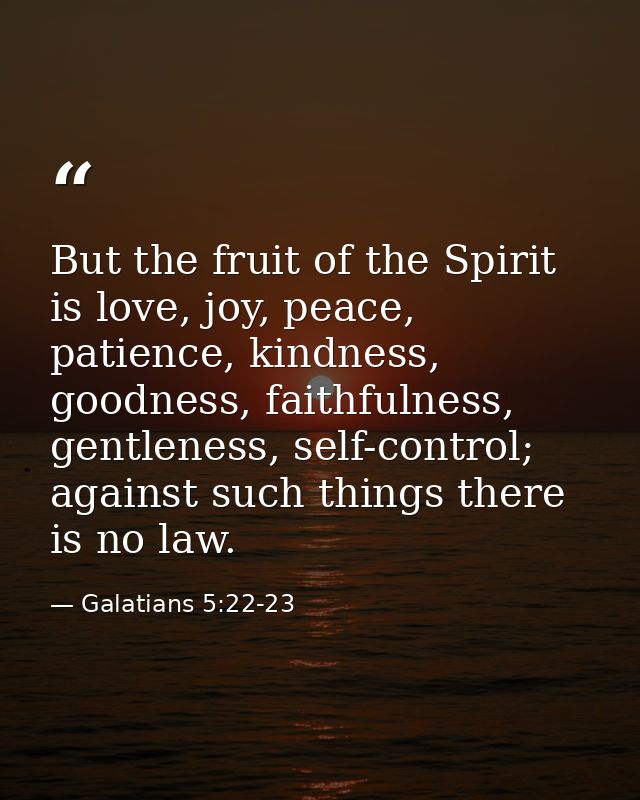 But the fruit of the Spirit is love, joy, peace, patience, kindness, goodness, faithfulness, gentleness, self-control; a — Galatians 5:22-23