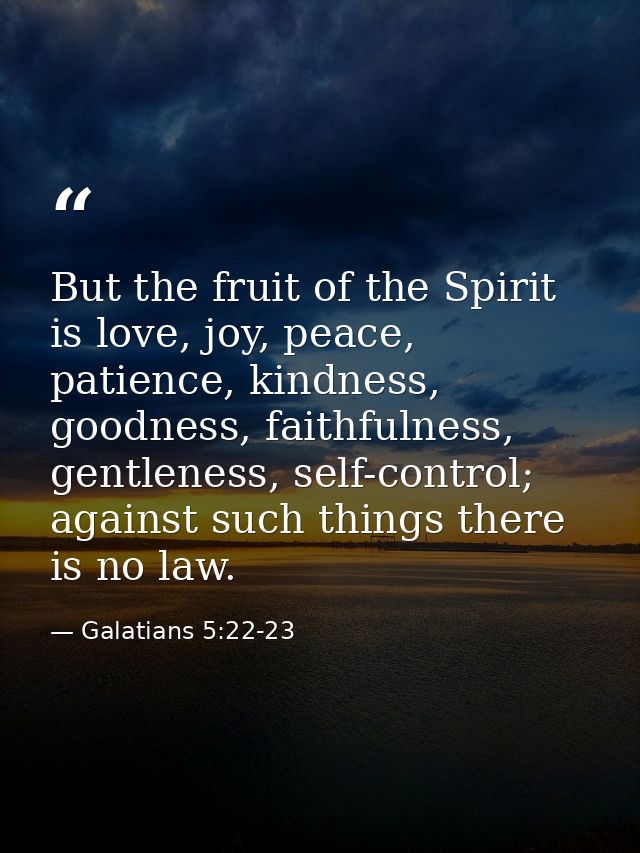 But the fruit of the Spirit is love, joy, peace, patience, kindness, goodness, faithfulness, gentleness, self-control; a — Galatians 5:22-23