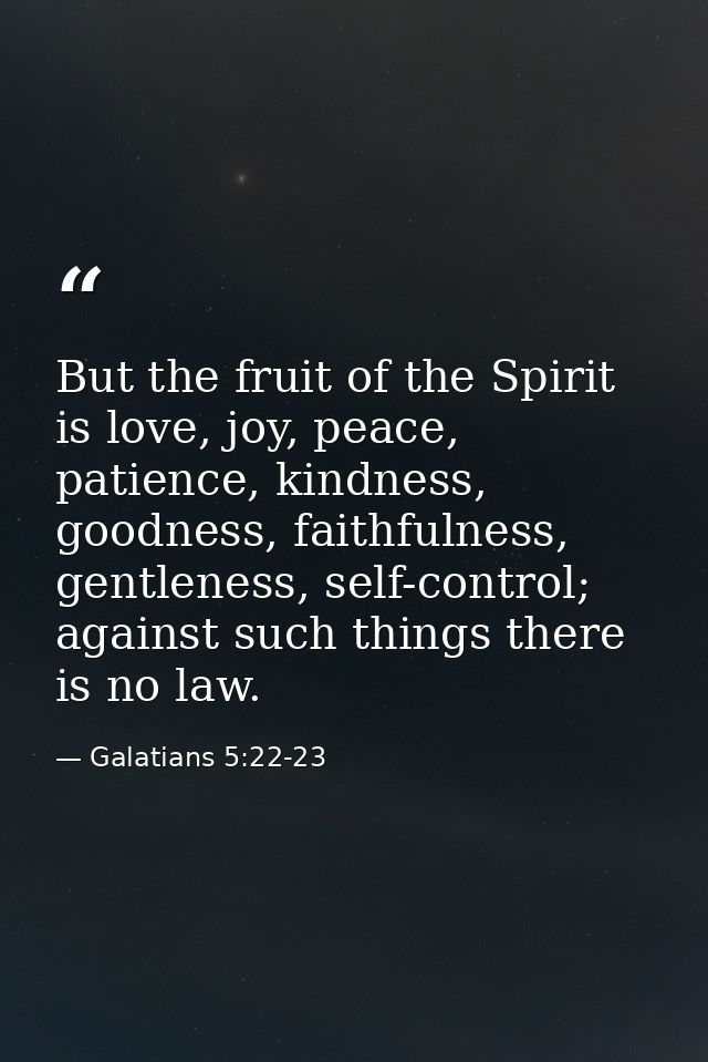 But the fruit of the Spirit is love, joy, peace, patience, kindness, goodness, faithfulness, gentleness, self-control; a — Galatians 5:22-23