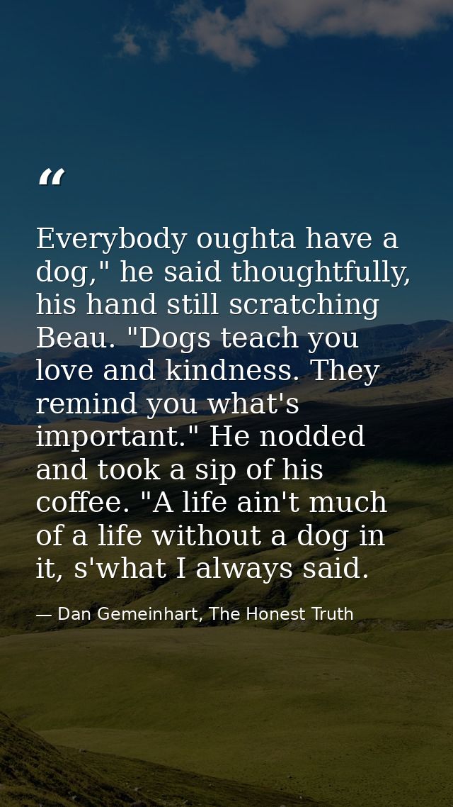 Everybody oughta have a dog," he said thoughtfully, his hand still scratching Beau. "Dogs teach you love and kindness. T — Dan Gemeinhart, The Honest Truth