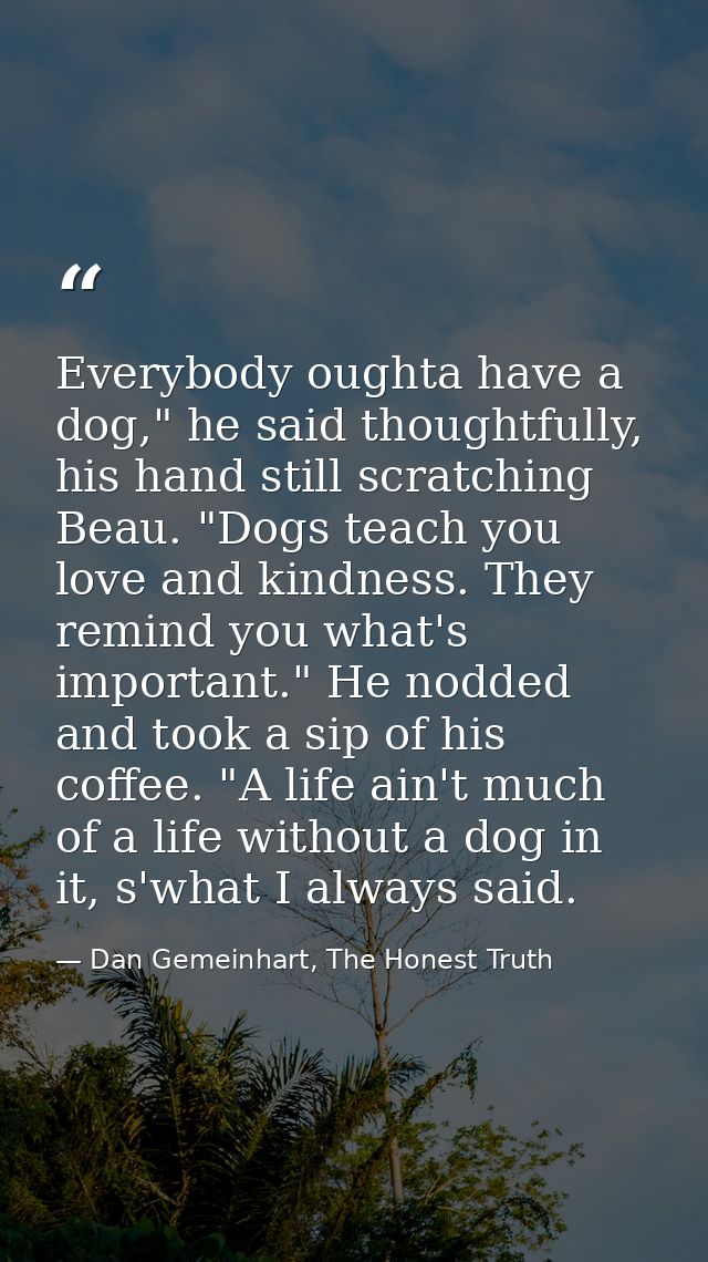 Everybody oughta have a dog," he said thoughtfully, his hand still scratching Beau. "Dogs teach you love and kindness. T — Dan Gemeinhart, The Honest Truth