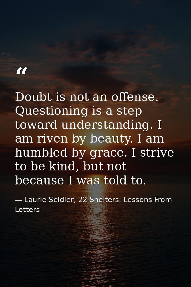 Doubt is not an offense. Questioning is a step toward understanding. I am riven by beauty. I am humbled by grace. I stri — Laurie Seidler, 22 Shelters: Lessons From Letters
