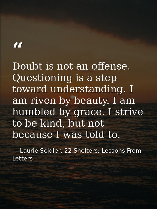 Doubt is not an offense. Questioning is a step toward understanding. I am riven by beauty. I am humbled by grace. I stri — Laurie Seidler, 22 Shelters: Lessons From Letters