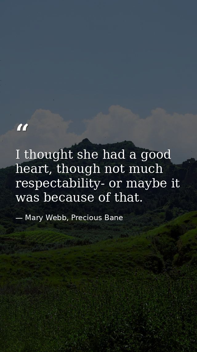 I thought she had a good heart, though not much respectability- or maybe it was because of that. — Mary Webb, Precious Bane