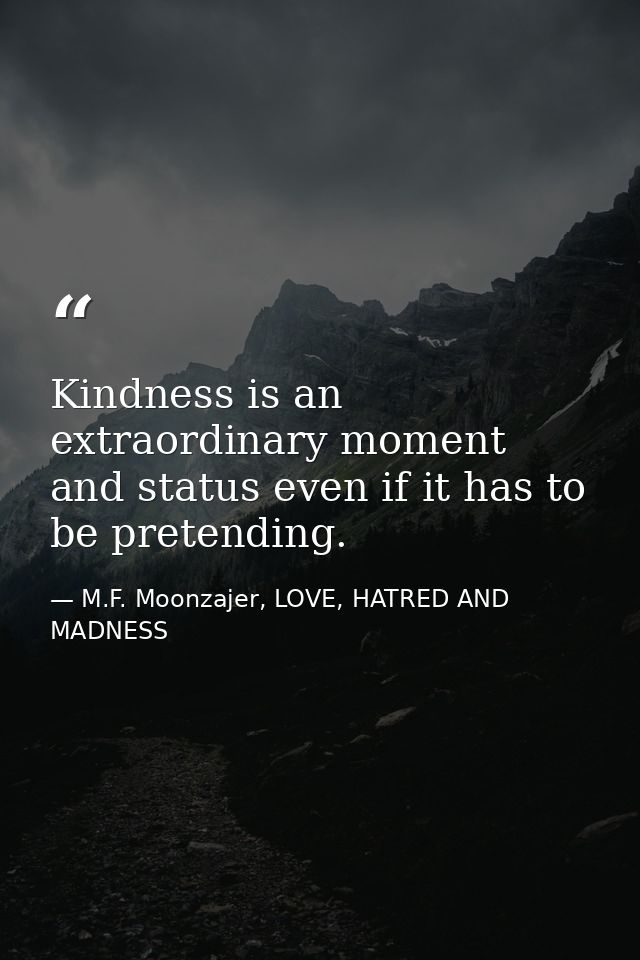 Kindness is an extraordinary moment and status even if it has to be pretending. — M.F. Moonzajer, LOVE, HATRED AND MADNESS
