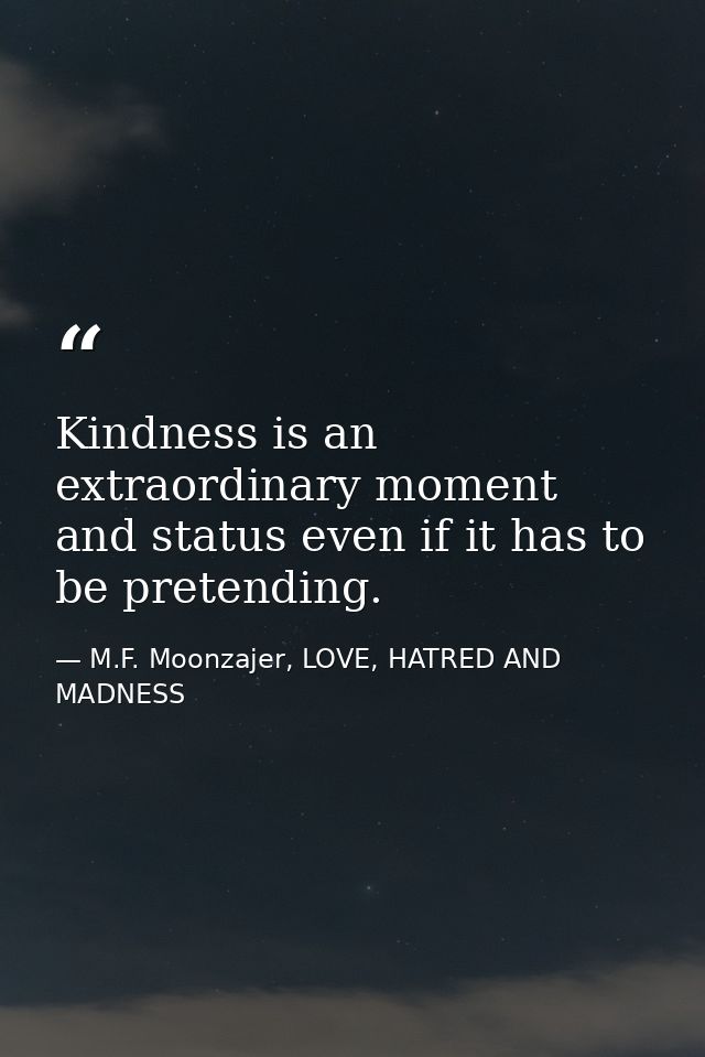 Kindness is an extraordinary moment and status even if it has to be pretending. — M.F. Moonzajer, LOVE, HATRED AND MADNESS