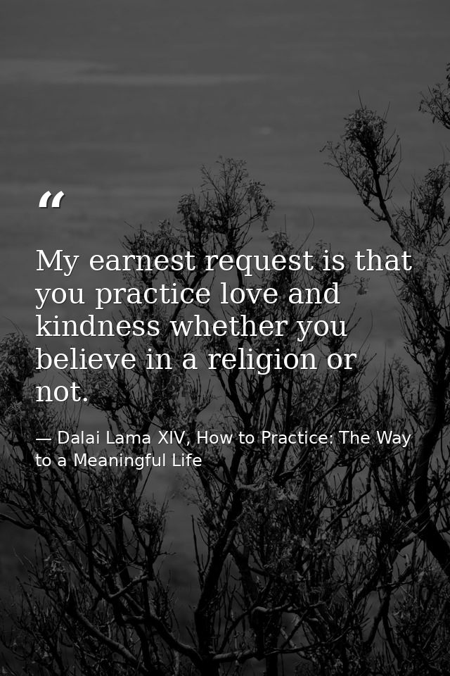 My earnest request is that you practice love and kindness whether you believe in a religion or not. — Dalai Lama XIV, How to Practice: The Way to a Meaningful Life