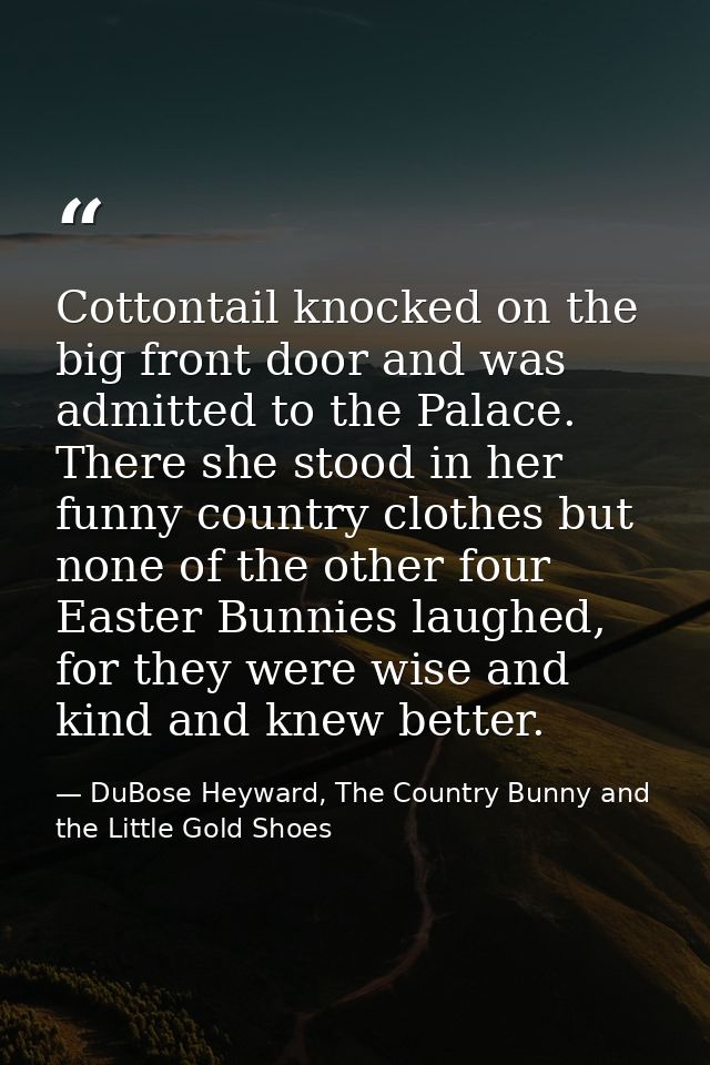 Cottontail knocked on the big front door and was admitted to the Palace. There she stood in her funny country clothes bu — DuBose Heyward, The Country Bunny and the Little Gold Shoes