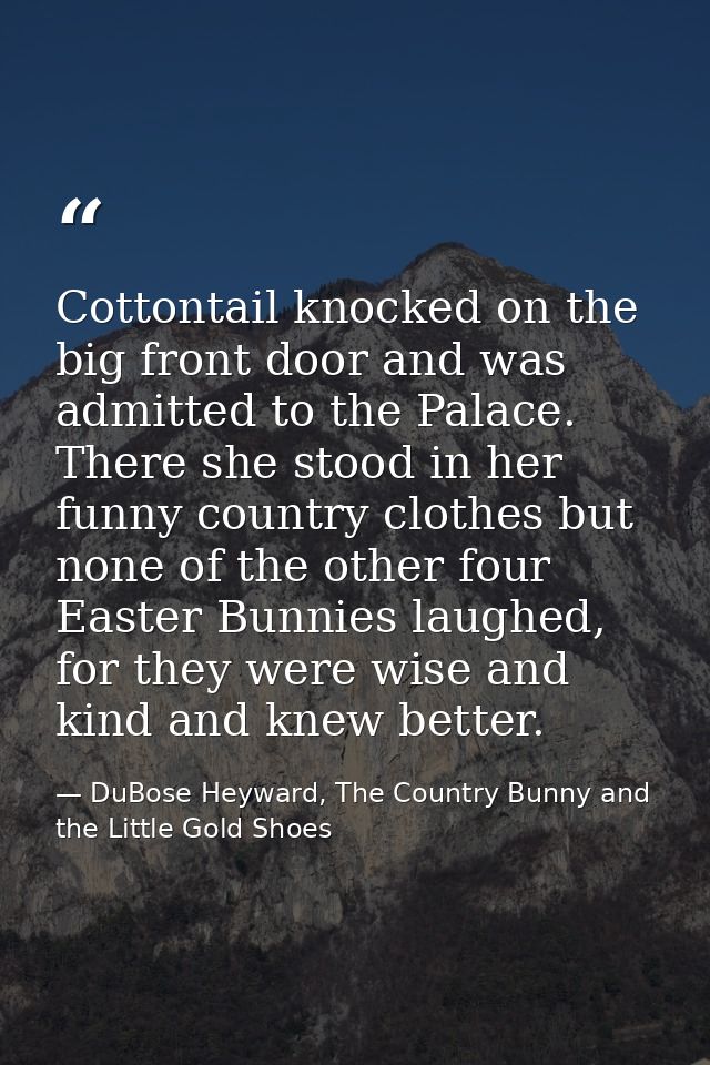 Cottontail knocked on the big front door and was admitted to the Palace. There she stood in her funny country clothes bu — DuBose Heyward, The Country Bunny and the Little Gold Shoes