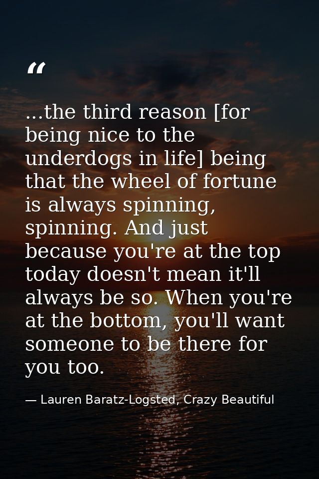 ...the third reason [for being nice to the underdogs in life] being that the wheel of fortune is always spinning, spinni — Lauren Baratz-Logsted, Crazy Beautiful