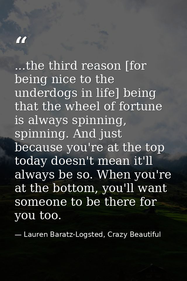 ...the third reason [for being nice to the underdogs in life] being that the wheel of fortune is always spinning, spinni — Lauren Baratz-Logsted, Crazy Beautiful