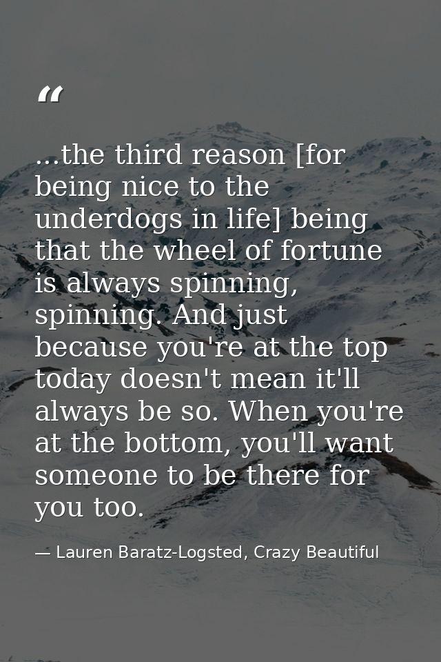 ...the third reason [for being nice to the underdogs in life] being that the wheel of fortune is always spinning, spinni — Lauren Baratz-Logsted, Crazy Beautiful