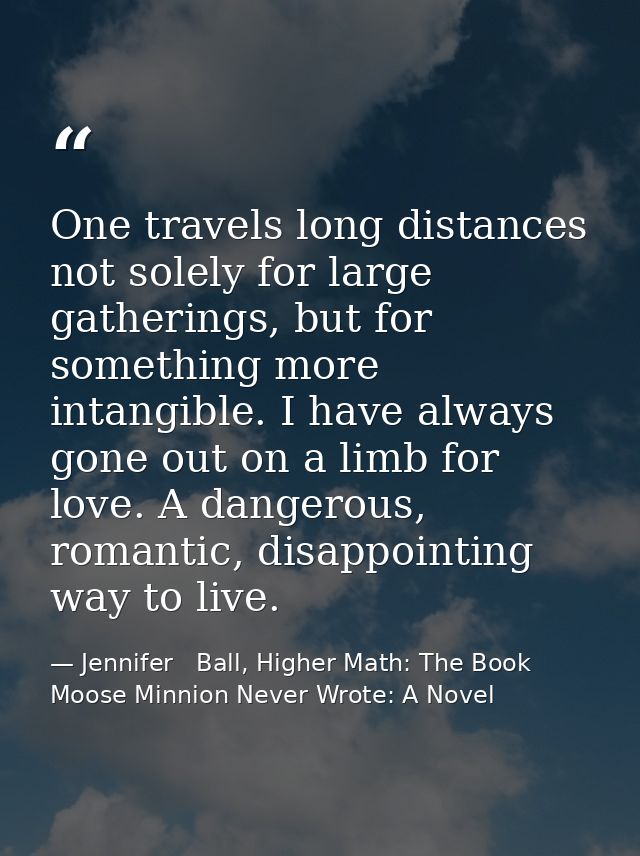 One travels long distances not solely for large gatherings, but for something more intangible. I have always gone out on — Jennifer   Ball, Higher Math: The Book Moose Minnion Never Wrote: A Novel