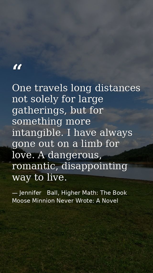 One travels long distances not solely for large gatherings, but for something more intangible. I have always gone out on — Jennifer   Ball, Higher Math: The Book Moose Minnion Never Wrote: A Novel