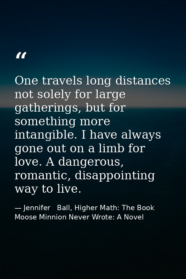 One travels long distances not solely for large gatherings, but for something more intangible. I have always gone out on — Jennifer   Ball, Higher Math: The Book Moose Minnion Never Wrote: A Novel