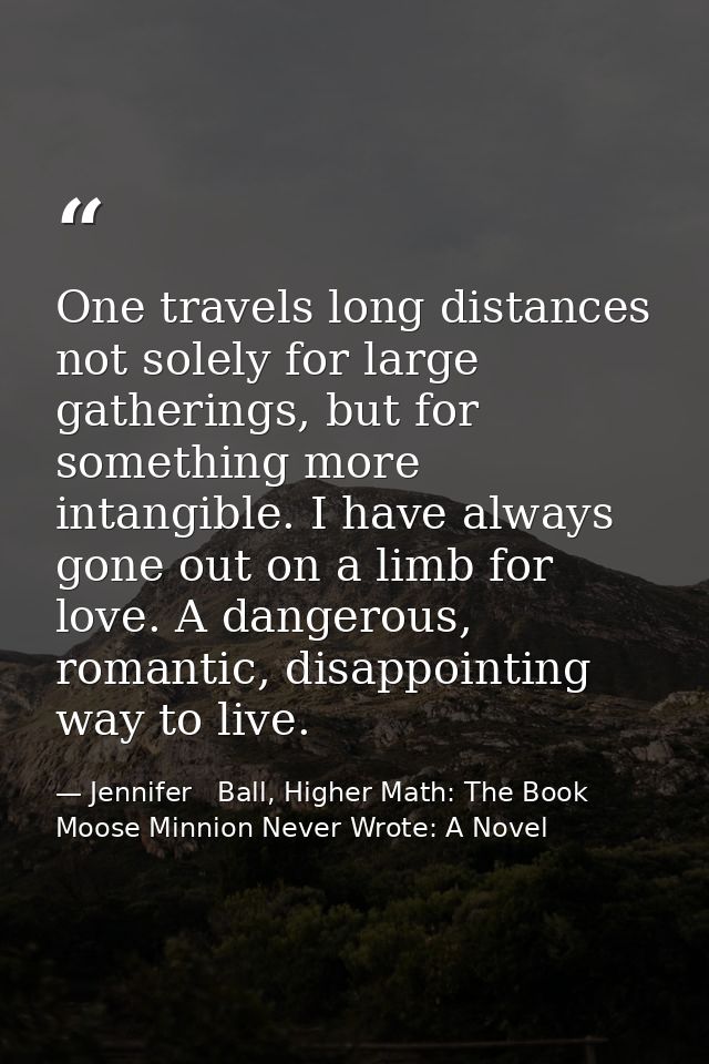 One travels long distances not solely for large gatherings, but for something more intangible. I have always gone out on — Jennifer   Ball, Higher Math: The Book Moose Minnion Never Wrote: A Novel