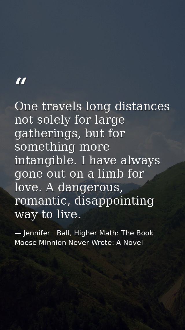 One travels long distances not solely for large gatherings, but for something more intangible. I have always gone out on — Jennifer   Ball, Higher Math: The Book Moose Minnion Never Wrote: A Novel