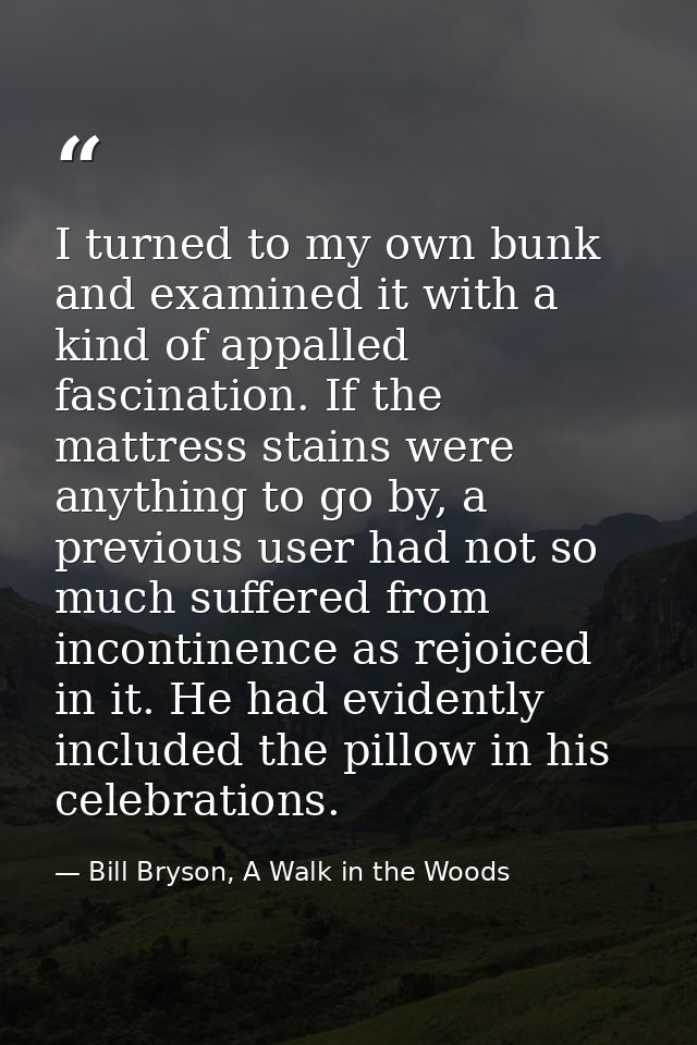 I turned to my own bunk and examined it with a kind of appalled fascination. If the mattress stains were anything to go  — Bill Bryson, A Walk in the Woods