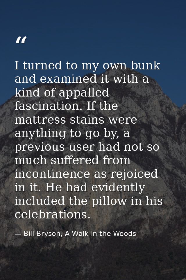 I turned to my own bunk and examined it with a kind of appalled fascination. If the mattress stains were anything to go  — Bill Bryson, A Walk in the Woods