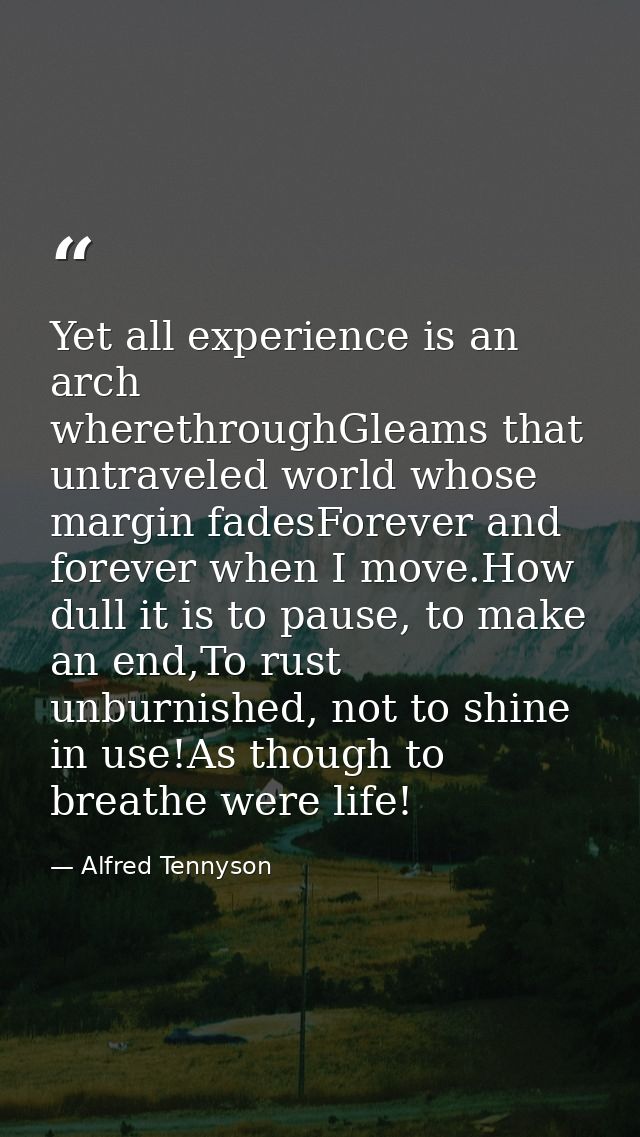 Yet all experience is an arch wherethroughGleams that untraveled world whose margin fadesForever and forever when I move — Alfred Tennyson