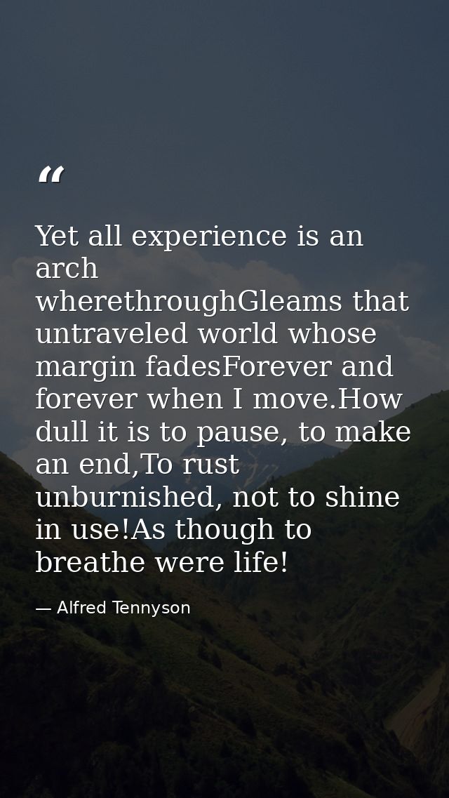 Yet all experience is an arch wherethroughGleams that untraveled world whose margin fadesForever and forever when I move — Alfred Tennyson
