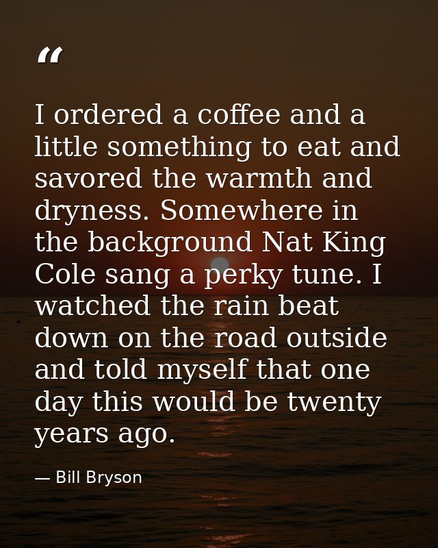 I ordered a coffee and a little something to eat and savored the warmth and dryness. Somewhere in the background Nat Kin — Bill Bryson