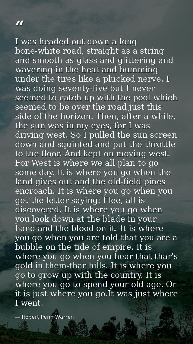 I was headed out down a long bone-white road, straight as a string and smooth as glass and glittering and wavering in th — Robert Penn Warren