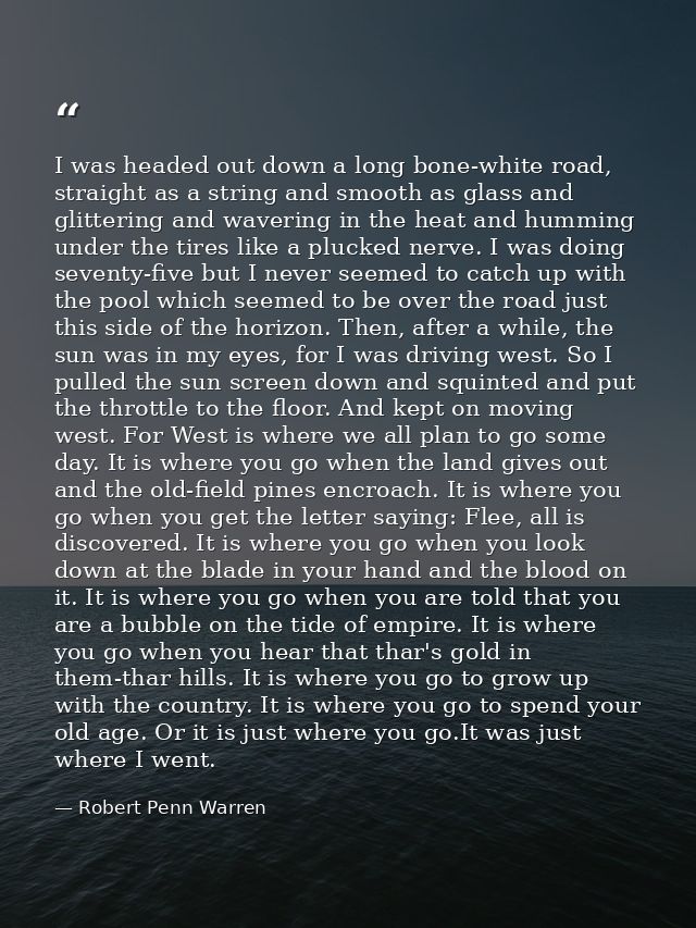 I was headed out down a long bone-white road, straight as a string and smooth as glass and glittering and wavering in th — Robert Penn Warren