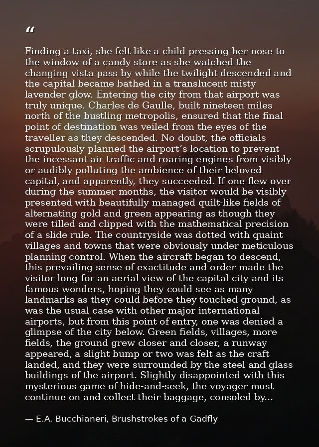 Finding a taxi, she felt like a child pressing her nose to the window of a candy store as she watched the changing vista — E.A. Bucchianeri, Brushstrokes of a Gadfly