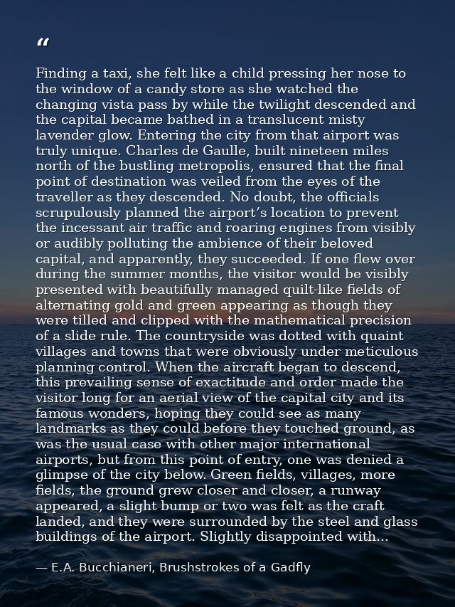 Finding a taxi, she felt like a child pressing her nose to the window of a candy store as she watched the changing vista — E.A. Bucchianeri, Brushstrokes of a Gadfly