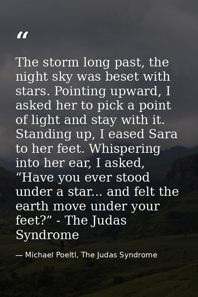 The storm long past, the night sky was beset with stars. Pointing upward, I asked her to pick a point of light and stay  — Michael Poeltl, The Judas Syndrome