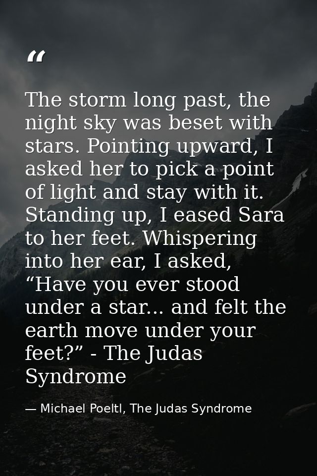The storm long past, the night sky was beset with stars. Pointing upward, I asked her to pick a point of light and stay  — Michael Poeltl, The Judas Syndrome
