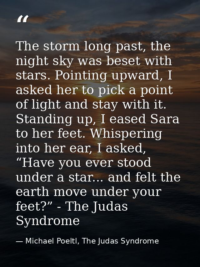 The storm long past, the night sky was beset with stars. Pointing upward, I asked her to pick a point of light and stay  — Michael Poeltl, The Judas Syndrome