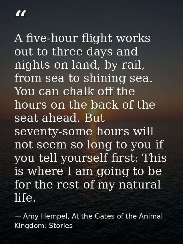 A five-hour flight works out to three days and nights on land, by rail, from sea to shining sea. You can chalk off the h — Amy Hempel, At the Gates of the Animal Kingdom: Stories