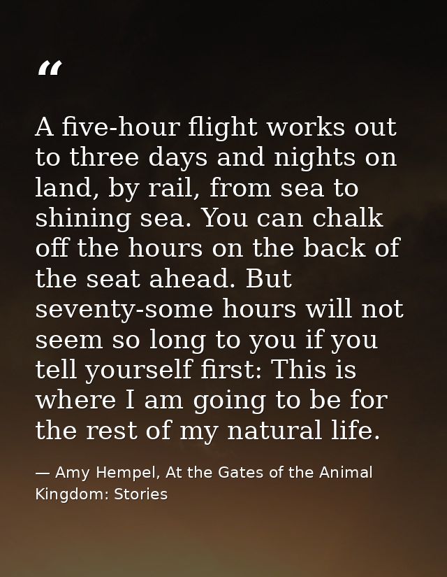 A five-hour flight works out to three days and nights on land, by rail, from sea to shining sea. You can chalk off the h — Amy Hempel, At the Gates of the Animal Kingdom: Stories
